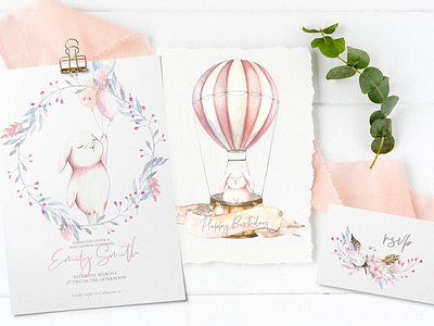 "Over The Sky" Cute Watercolor Bunnies illustrations Nursery art animal baby shower bunny card cartoon clipart cute flying bunny graphics greeting card hot air balloon illustration kids nursery printable rabbit sale wall art watercolor woodland