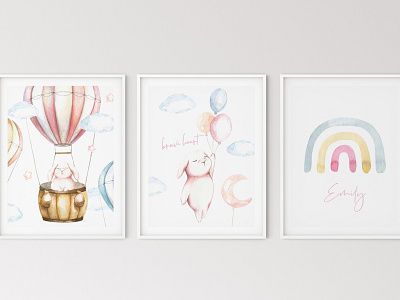 "Over The Sky" Cute Watercolor Bunnies illustrations Nursery art watercolor