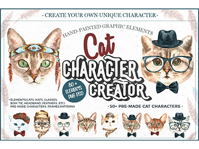 Cat Character Creator animal boho cat character free freebie hand painted hipster illustration portrait poster watercolor