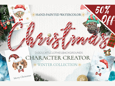 Christmas Card Creator 2018 animal cat christmas clipart creative creativemarket dog new year watercolor winter xmas