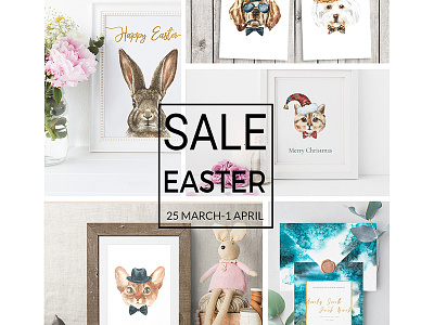Happy Easter SALE animal art bigsale bunny cat dog easter eastersale nursery sale watercolor watercolour