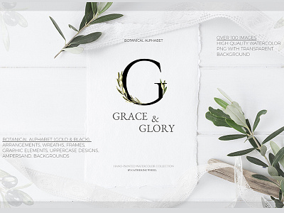 Grace & Glory Hand-painted Watercolor Botanical Alphabet alphabet botanical gold graphics invitation logo olive polygonal stationery vintage watercolor wedding