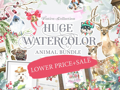 Huge Animal Bundle animal bundle card christmas design dog graphics illustration sale stationery vintage wall art watercolor