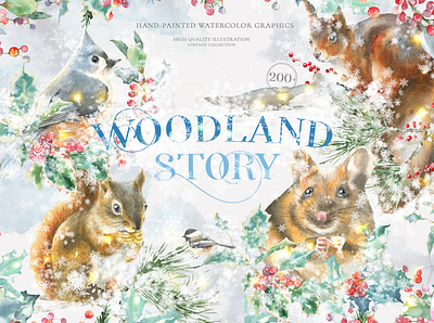 Christmas Watercolor Woodland Story by Catherine Wheel animal bird card christmas christmas watercolor forest graphics illustration merry christmas mouse new year pattern rat retro squirrel vintage watercolor winter woodland wreath