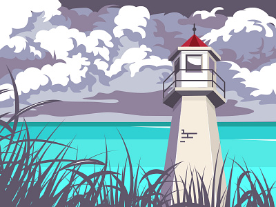 Lighthouse clouds grass lighthouse ocean pharos sea storm sunset vector