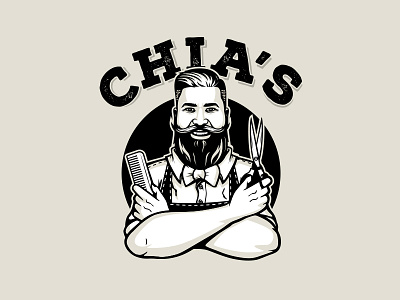 Chia's Barbershop barbershop branding cartoon character design gentleman hipster illustration logo man mascot mustache scissors typography vector