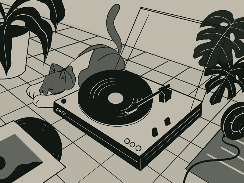 Lo-fi Cat 2d animation cat chill illustration lo fi lo fi lofi music plants turntable vynil