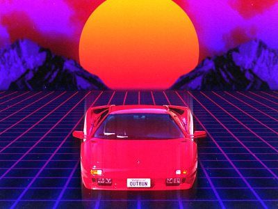 OutRun 80s allover digital grid lamborghini outrun print retrowave sublimation sunset synthwave tshirt