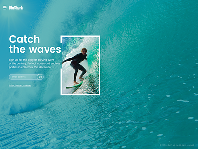 BluShark hero landing ocean rsvp signup surf ui waves webdesign
