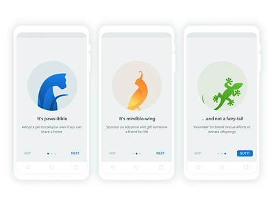 Onboarding - Pet adoption App adopt android animal bird cat donate gecko gradient onboarding parrot pet sponsor