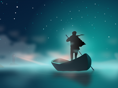 Keeper Of The Light 1 boat fantasy hope illustration light lighthouse man mist paradise sea silhouette