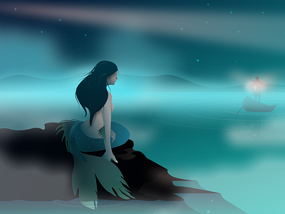 Keeper Of The Light 2 boat fantasy hope illustration light lighthouse man mermaid mist paradise sea silhouette
