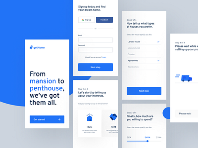 getHome Mobile App Sign Up app app design branding cards clean concept design flat interface layout minimal mobile product real estate service sign up ui ui kit ux