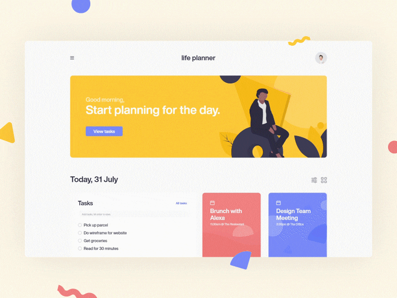 Life Planner UI // Made with Adobe XD and unDraw animation auto animate card clean concept dark theme illustration minimal task ui undraw ux web website xd