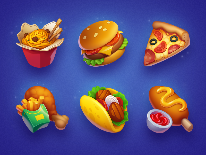 Fast Food art asset burger chicken chips corndog fast food food game game icon hamburger icon icons illustration pizza slot symbol symbols taco wok