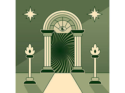 Witch Portal arch architecture columns design duotone eye flat vector green illustration line art mason minimal portal spiritual star surreal symbolic symmetrical torch witch