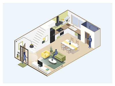 Smart Home editorial home house illustration isometric isometry kitchen living room perspective smart