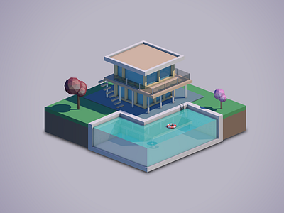 Isometric house 3d graden house isometric low poly pool