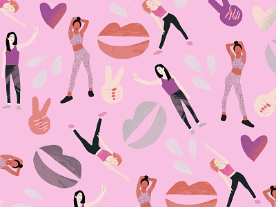 Fitness Event Pattern advertisement airbrush astropad background pattern bright digital drawing fitness fitness flyer fun illustration leggings lips pattern peace sign pink silhouettes texture uplifting