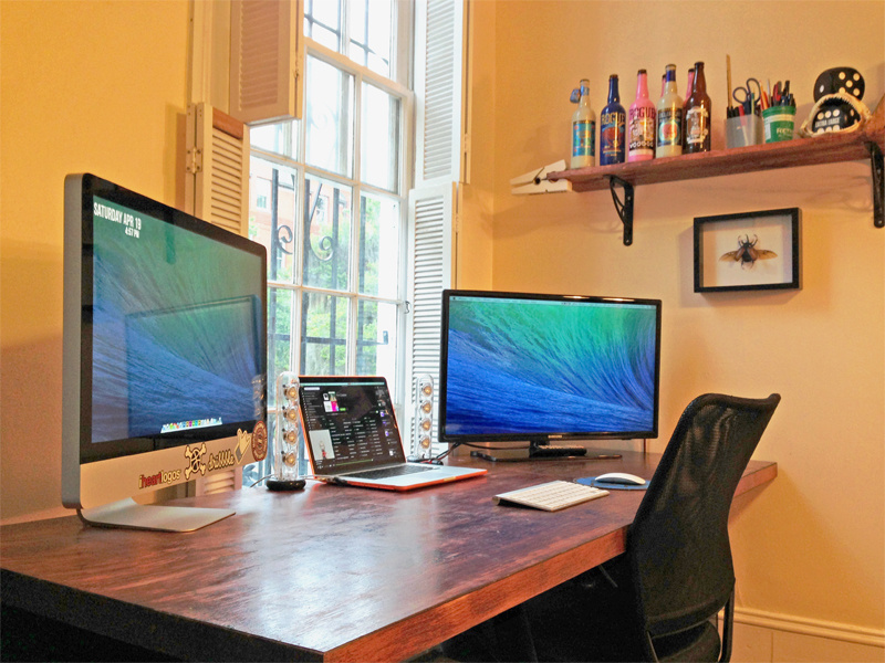 Workspace workspace imac macbook pro rhino beetle harmon kardon pens pencils rogue beer shark teeth dice extra large