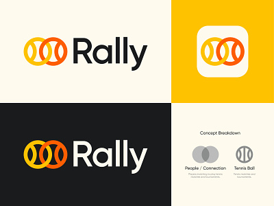 Rally app icon app platform ball logo tennis branding colorful dynamic modern smart logo design logo designer logo designer for hire match tournament competition minimal minimalistic branding people connection merge link tennis ball sport yellow orange black