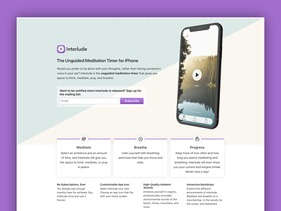Interlude Landing Page app features hero iphone landing page mailing list svg ui web website