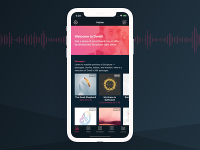 Dwell First-Run Experience audio app audio bible bible app gradient hero ios iphone mobile app tiles