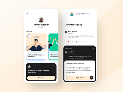 Author & Comments — Blog Mobile App app article author blog blog design blog post blogger clean comment comments daily ui design feed ios minimal post ui
