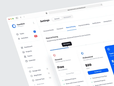 TeamWork — Dashboard Pricing Page app calendar clean dashboard design interface minimal payment pricing pricing plan pricing table saas subscription task task app task management ui uiux ux web app