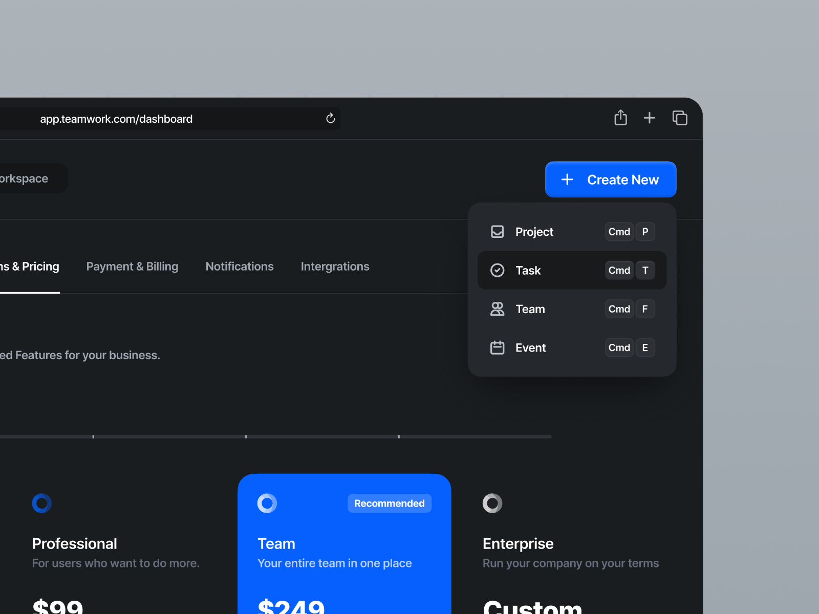 TeamWork — Dashboard Pricing Page (Dark Mode) by Emmanuel Ikechukwu for ...
