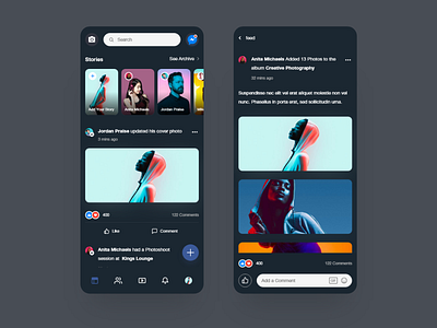 Facebook Mobile App Redesign Concept - Dark Version app clean comments daily ui dark design facebook illustration ios messenger minimal mobile app mobile app design redesign ui