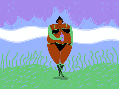 Lady II 🍇 cloud clouds curvy grass green hot illustration lady outdoor purple rainy shapes steam swimsuit