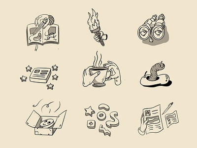 Some Features 🧇 apple binoculars blackandwhite books box coffee creature features form hands illustration lineart monochrome pencil shapes smiley face stars torch