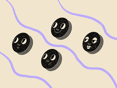 Faces 🌚🌚🌚🌚 blackandwhite disks emotions face four illustration lines monochrome moon purple round shapes