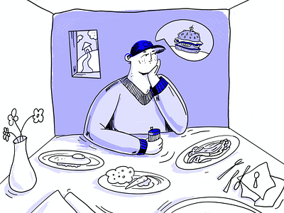 🍔 ? boy cap design dinner dinning flowers food hamburger illustration isolation man options purple quarantine table windows