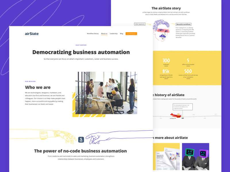 About us about us abutomation airslate automation landing page marketing marketing team our team purple story team page teammates timeline timeline design ui web web design website yellow