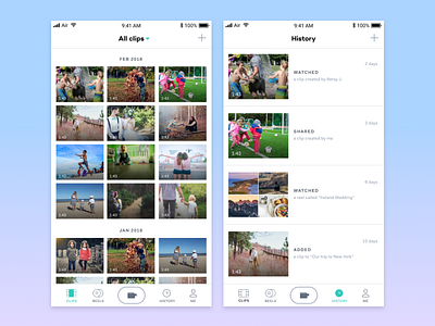 Clips and history screens iphone mobile react ui