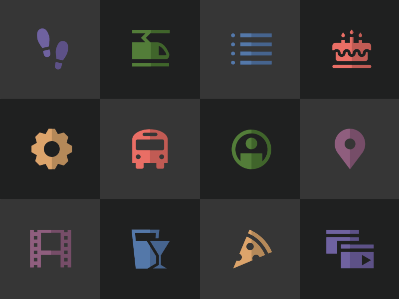 Step Icons app boat bus buttons cake clean color design drinks flat gif icon interface iphone menu movies navigate pepper pizza profile ringling settings shopping simple sushi train ui user vector walk