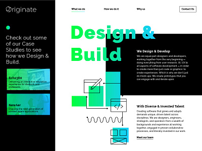 Originate Rebrand V1 chatbot editorial geometry gradient homepage illustration logo rebrand typography web web page website