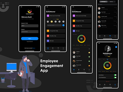 Employee Engagement App app booking branding calendar dark theme dark ui design designer funding icon illustrator latest trend ui uidesign uiux uxdesign xd design