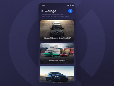 Carmmunity Minimal Garage iOS App Screen 2019 app app design apple automotive blue blurple car carmmunity clean garage ios ios app list minimal modern purple screen simple ui