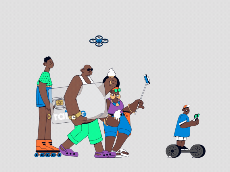 Family Holiday 2d animation after effects animation drone hoverboard ice cream cone rollerblades segway selfie vector