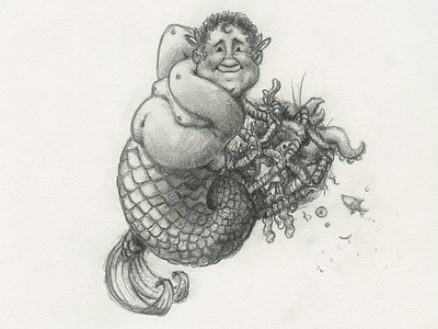 Merman character character design fisherman graphite happy illustration mermaid merman net ocean pencil sea
