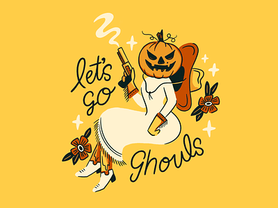 Let's go ghouls cowgirl ghoul halloween illustration lettering procreate pumpkin pun retro shoot spooky type vintage western