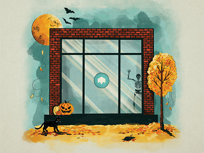 Happy Halloween 🎃 | Social autumn bats black cat fall full moon halloween illustration office procreate pumpkin skeleton spooky window