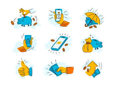 mph.bank | Icons bank bank illustration banking app hand illustration mobile app money phone piggy bank protection retro savings thumbs up