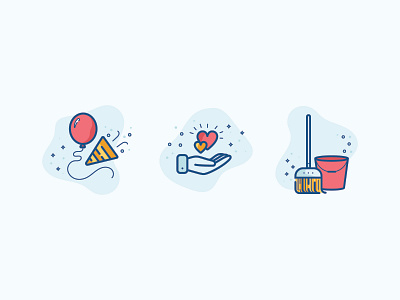 Kid Clubhouse | Icons balloons broom bucket clean fun hand hearts icon illustration party safety