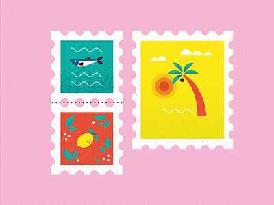 STAMPS beach card exotic fish flat fruits holiday illustration lemon outdoor palm postcard sea stamp stamps sun travel tropical waves