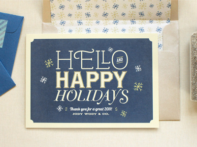 Hello And Happy Holidays envelope holiday card invitation retro snowflakes stationery typography