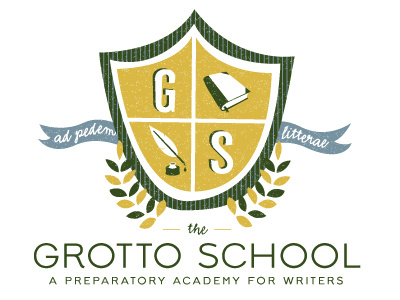Lock-up for The Grotto School 826 book collegiate crest education emblem logo quill school the grotto school valencia vintage writing